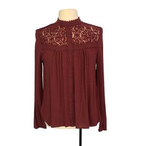 Coco + Jameson Womens Burgundy Mock Neck Lace Top, Blouse,‎ sz M